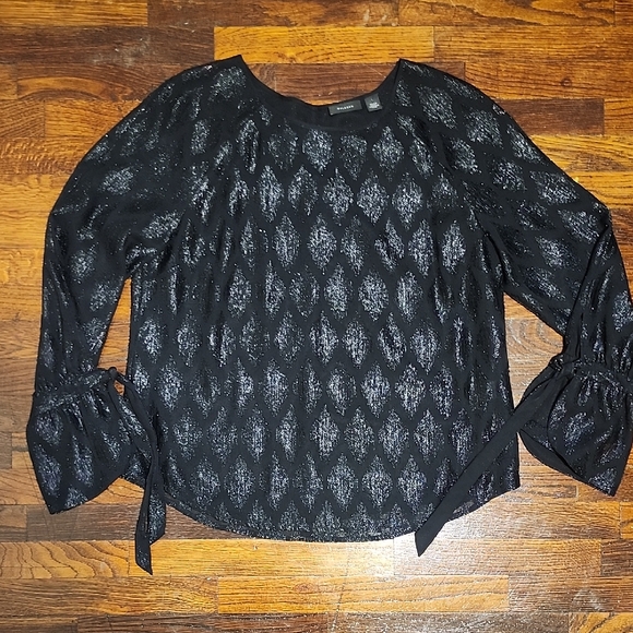 Halogen Black Sparkle Patterned Party Boho Style Blouse with Bell Sleeves Large - Picture 1 of 8